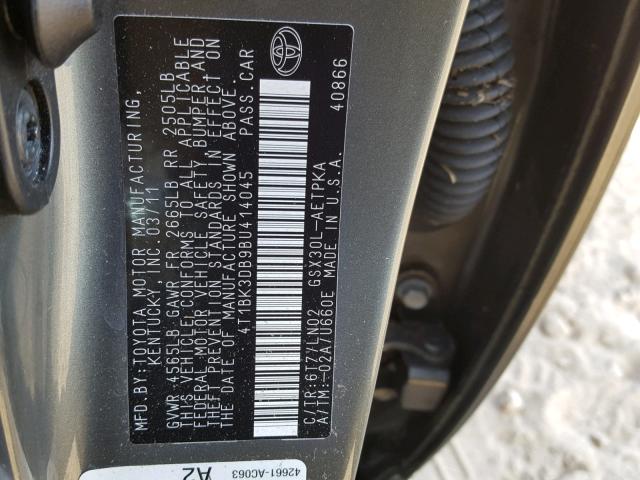 4T1BK3DB9BU414045 - 2011 TOYOTA AVALON BAS SILVER photo 10