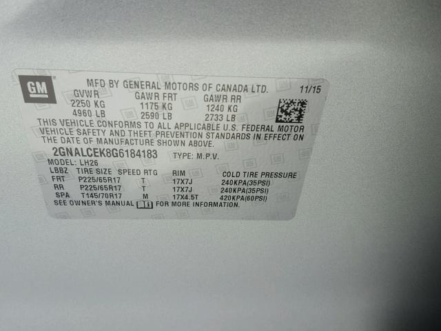 2GNALCEK8G6184183 - 2016 CHEVROLET EQUINOX LT SILVER photo 10