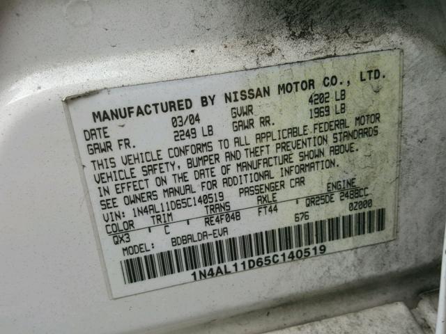 1N4AL11D65C140519 - 2005 NISSAN ALTIMA S WHITE photo 10