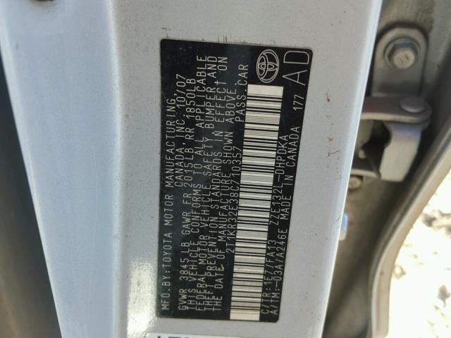 2T1KR32E38C710357 - 2008 TOYOTA COROLLA MA SILVER photo 10