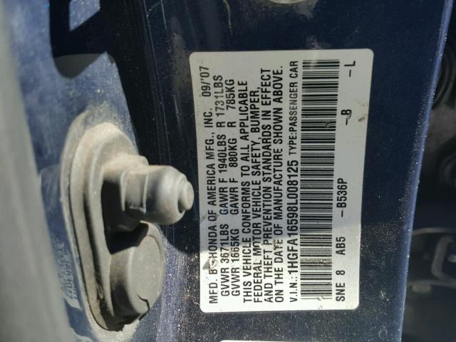 1HGFA16598L008125 - 2008 HONDA CIVIC LX BLUE photo 10