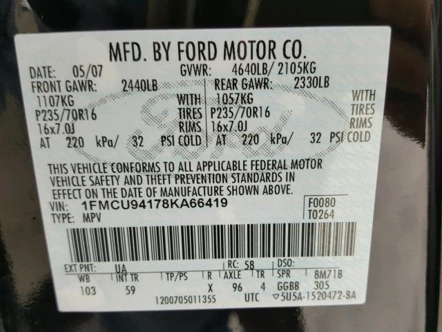 1FMCU94178KA66419 - 2008 FORD ESCAPE LIM BLACK photo 10