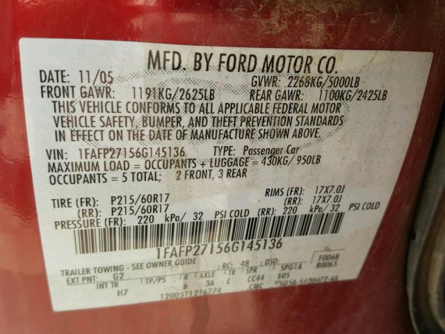 1FAFP27156G145136 - 2006 FORD FIVE HUNDR RED photo 10