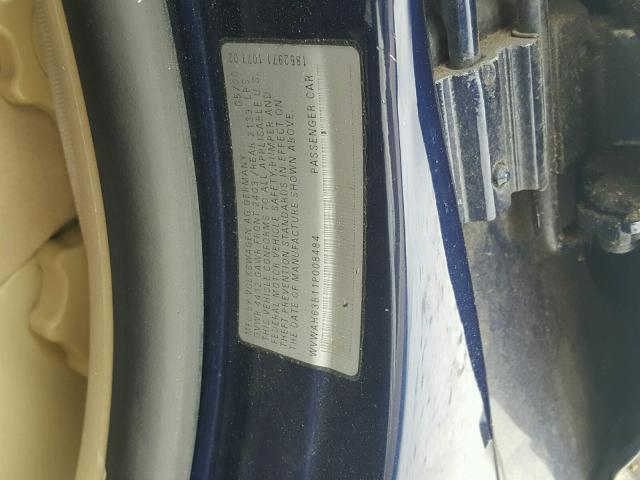 WVWAH63B11P008484 - 2001 VOLKSWAGEN PASSAT GLS BLUE photo 10