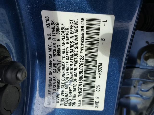 1HGFA16808L076128 - 2008 HONDA CIVIC EX BLUE photo 10