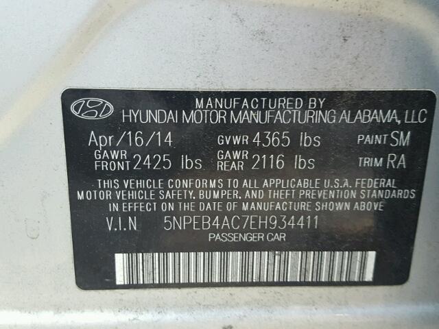 5NPEB4AC7EH934411 - 2014 HYUNDAI SONATA GLS SILVER photo 10