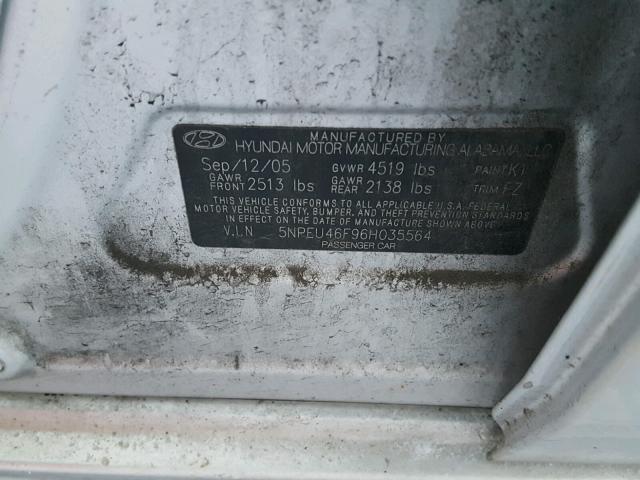 5NPEU46F96H035564 - 2006 HYUNDAI SONATA GLS SILVER photo 10