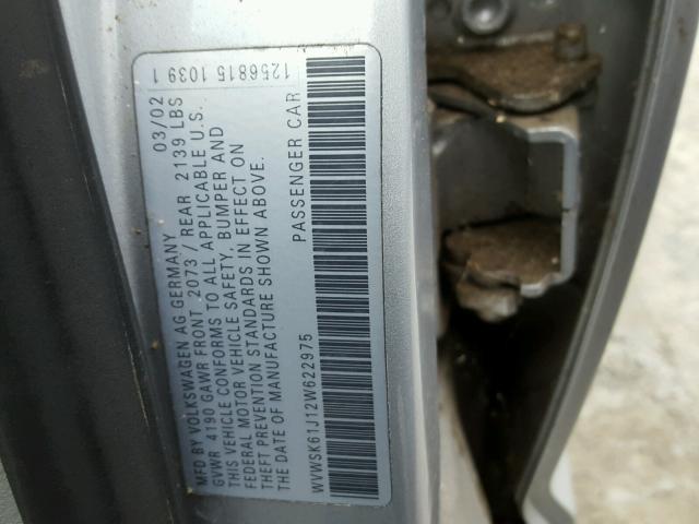 WVWSK61J12W622975 - 2002 VOLKSWAGEN JETTA GLS SILVER photo 10