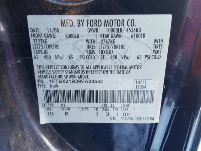 1FTSX21R39EA24533 - 2009 FORD F250 SUPER BLUE photo 10