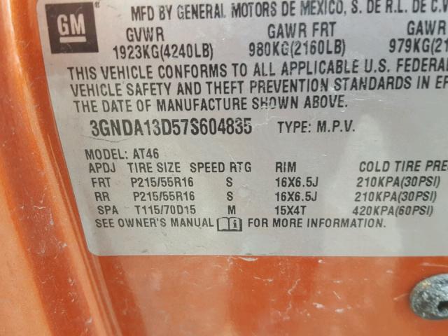 3GNDA13D57S604835 - 2007 CHEVROLET HHR LS Naranja foto 10