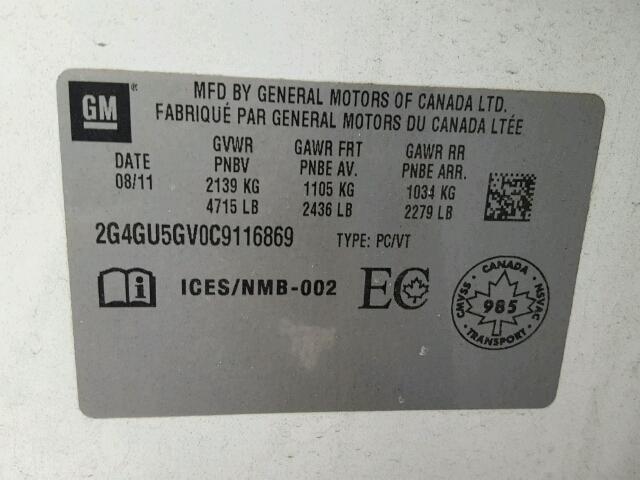 2G4GU5GV0C9116869 - 2012 BUICK REGAL PREM WHITE photo 10