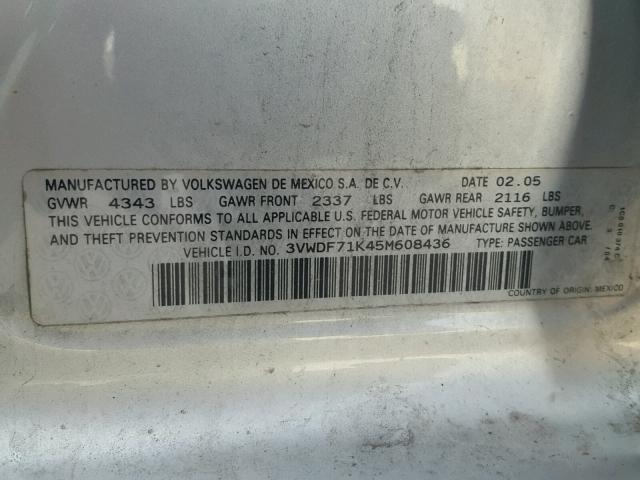 3VWDF71K45M608436 - 2005 VOLKSWAGEN NEW JETTA SILVER photo 10