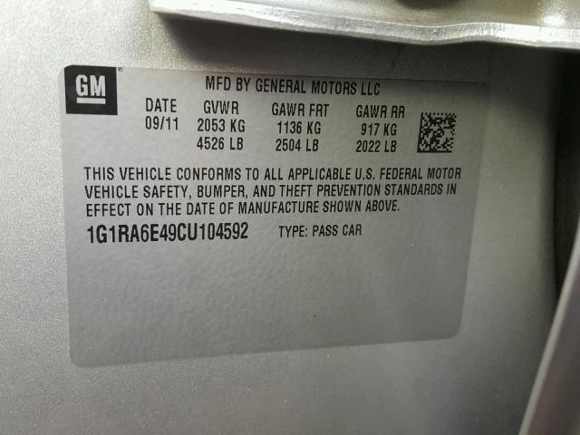 1G1RA6E49CU104592 - 2012 CHEVROLET VOLT SILVER photo 10