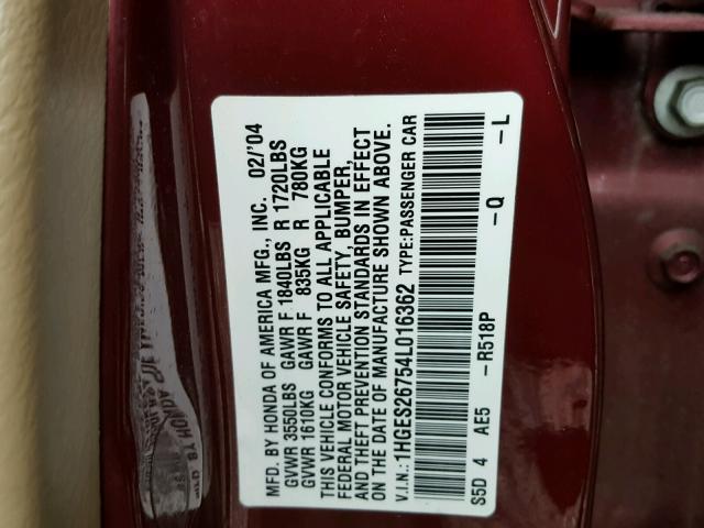 1HGES26754L016362 - 2004 HONDA CIVIC EX BURGUNDY photo 10