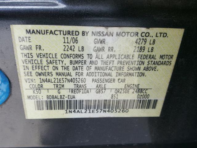 1N4AL21E57N405260 - 2007 NISSAN ALTIMA 2.5 BLACK photo 10