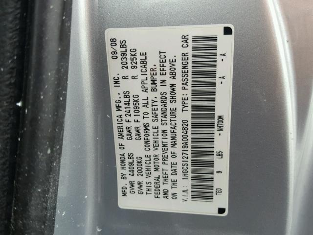 1HGCS12719A004820 - 2009 HONDA ACCORD EX SILVER photo 10