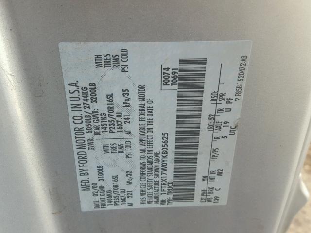 1FTRX17W0YKB05625 - 2000 FORD F150 GRAY photo 10