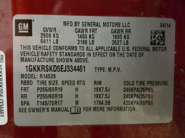 1GKKRSKD5EJ334461 - 2014 GMC ACADIA SLT RED photo 10