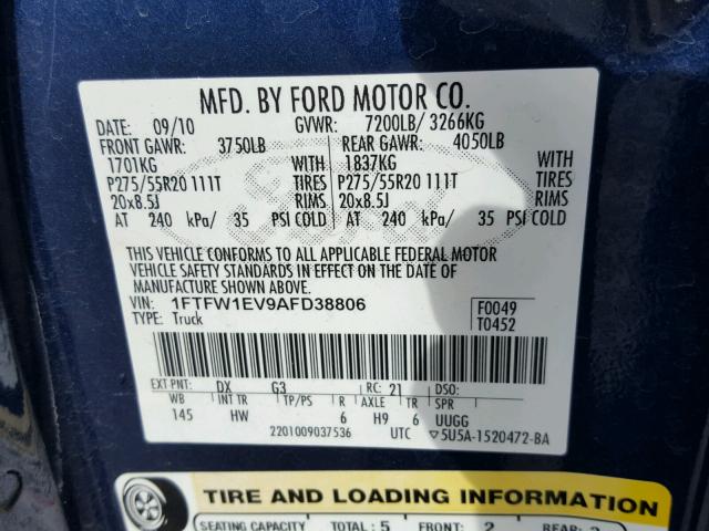 1FTFW1EV9AFD38806 - 2010 FORD F150 SUPER BLUE photo 10