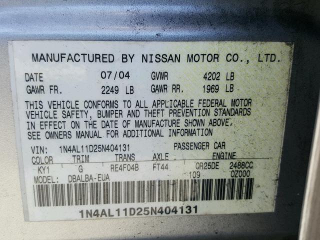 1N4AL11D25N404131 - 2005 NISSAN ALTIMA S SILVER photo 10