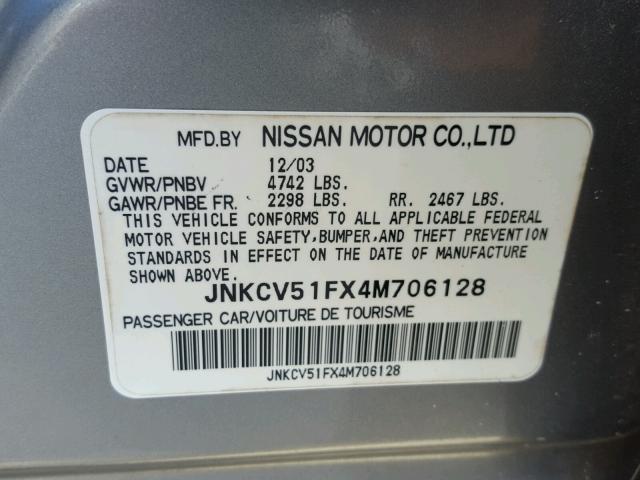 JNKCV51FX4M706128 - 2004 INFINITI G35 SILVER photo 10