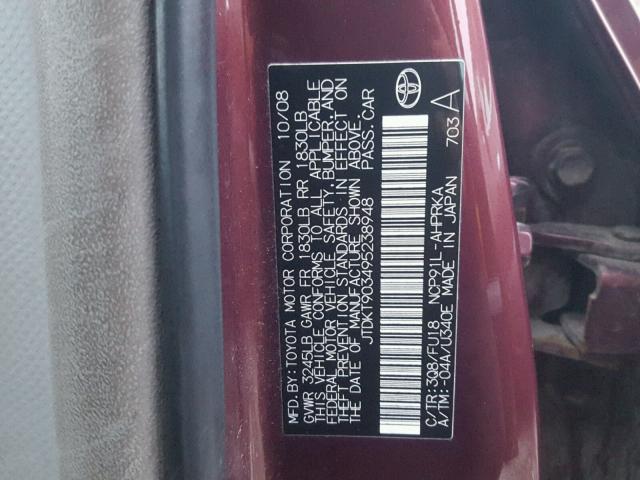 JTDKT903495238948 - 2009 TOYOTA YARIS MAROON photo 10