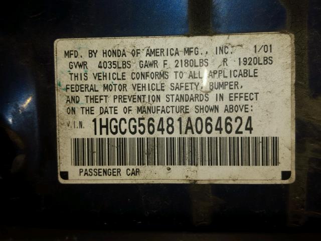 1HGCG56481A064624 - 2001 HONDA ACCORD LX BLUE photo 10