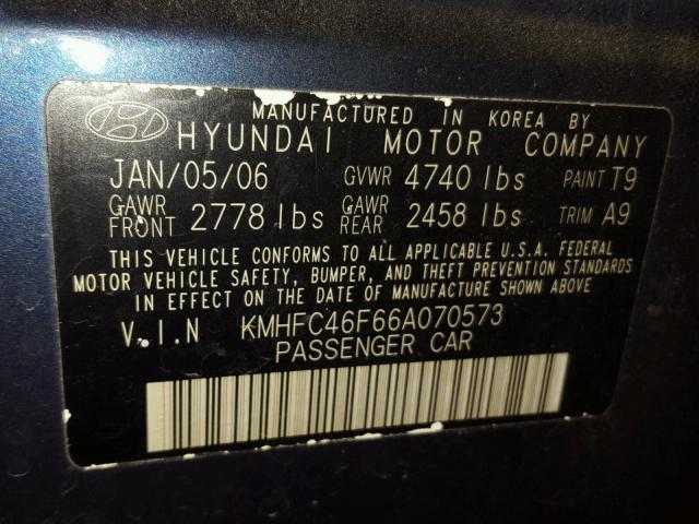 KMHFC46F66A070573 - 2006 HYUNDAI AZERA SE BLUE photo 10