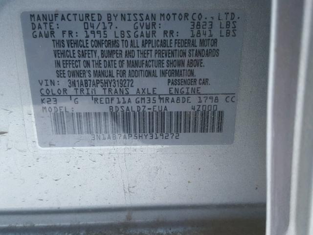 3N1AB7AP5HY319272 - 2017 NISSAN SENTRA S SILVER photo 10