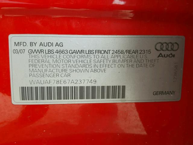 WAUAF78E67A237749 - 2007 AUDI A4 2 RED photo 10