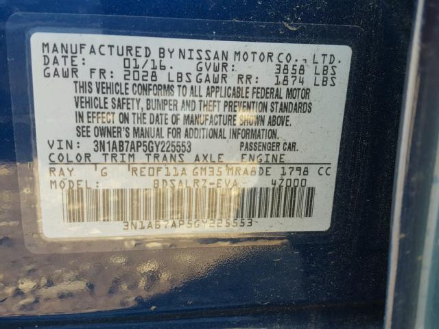 3N1AB7AP5GY225553 - 2016 NISSAN SENTRA S BLUE photo 10