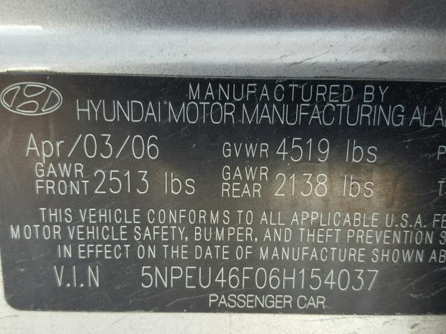 5NPEU46F06H154037 - 2006 HYUNDAI SONATA GLS GOLD photo 10