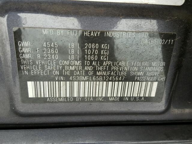 4S3BMFL65B1245647 - 2011 SUBARU LEGACY 2.5 BLACK photo 10