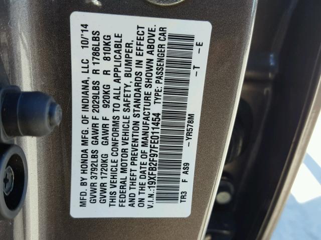 19XFB2F97FE011454 - 2015 HONDA CIVIC EXL GRAY photo 10