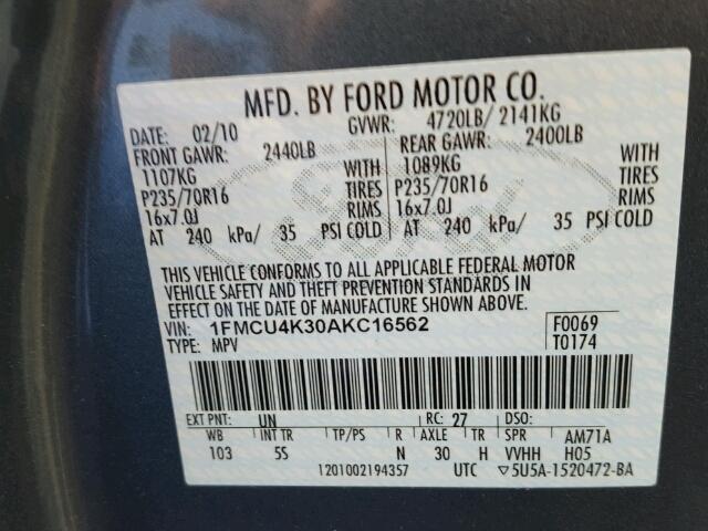 1FMCU4K30AKC16562 - 2010 FORD ESCAPE HYB BLUE photo 10