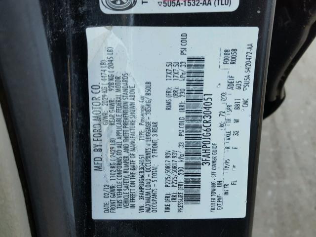 3FAHP0JG6CR304051 - 2012 FORD FUSION SEL BLACK photo 10