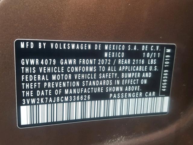 3VW2K7AJ8CM336626 - 2012 VOLKSWAGEN JETTA BASE BROWN photo 10