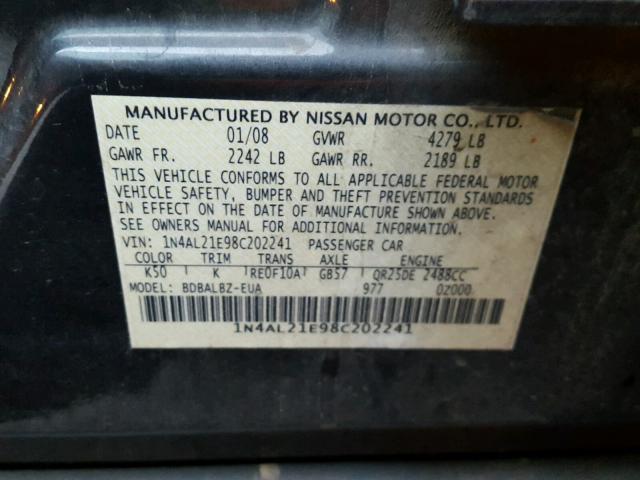 1N4AL21E98C202241 - 2008 NISSAN ALTIMA 2.5 BLUE photo 10