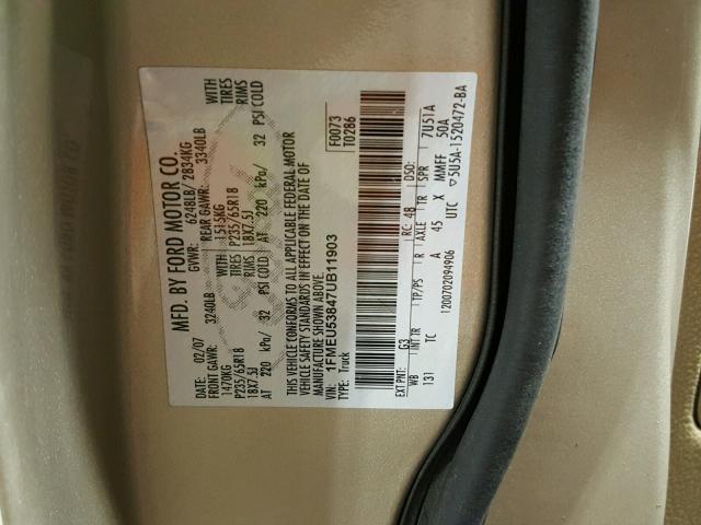 1FMEU53847UB11903 - 2007 FORD EXPLORER S TAN photo 10