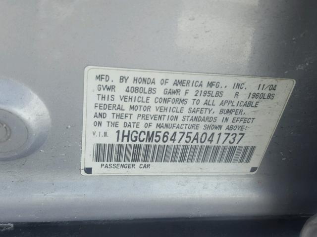 1HGCM56475A041737 - 2005 HONDA ACCORD LX SILVER photo 10