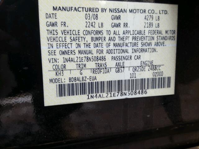 1N4AL21E78N508486 - 2008 NISSAN ALTIMA 2.5 BLACK photo 10