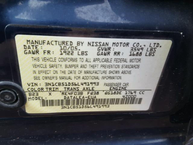 3N1CB51D56L491993 - 2006 NISSAN SENTRA 1.8 BLUE photo 10