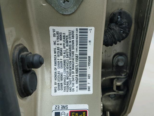 1HGFA16807L115587 - 2007 HONDA CIVIC EX GOLD photo 10