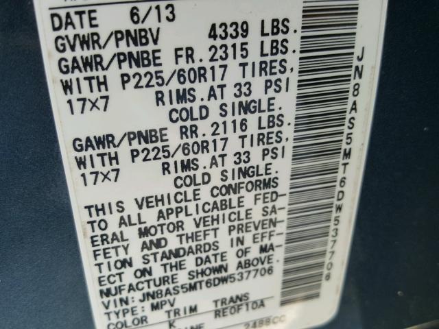 JN8AS5MT6DW537706 - 2013 NISSAN ROGUE S BLUE photo 10