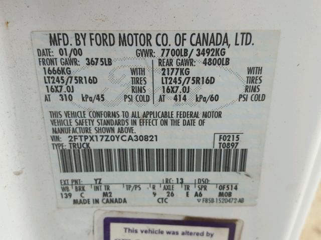 2FTPX17Z0YCA30821 - 2000 FORD F150 WHITE photo 10