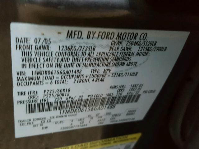 1FMDK06156GA01488 - 2006 FORD FREESTYLE CHARCOAL photo 10