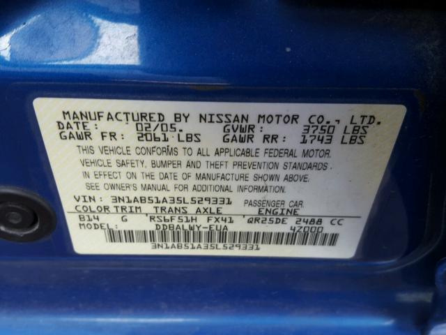 3N1AB51A35L529331 - 2005 NISSAN SENTRA SE- BLUE photo 10