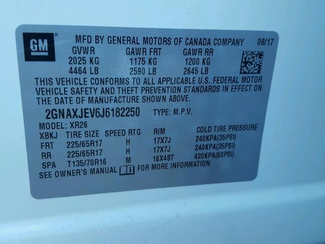 2GNAXJEV6J6182250 - 2018 CHEVROLET EQUINOX LT WHITE photo 10