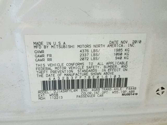 4A32B3FF7BE016103 - 2011 MITSUBISHI GALANT ES WHITE photo 10