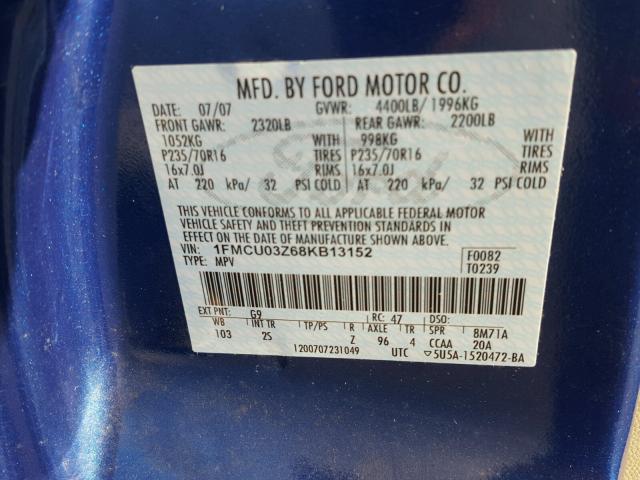 1FMCU03Z68KB13152 - 2008 FORD ESCAPE XLT BLUE photo 10